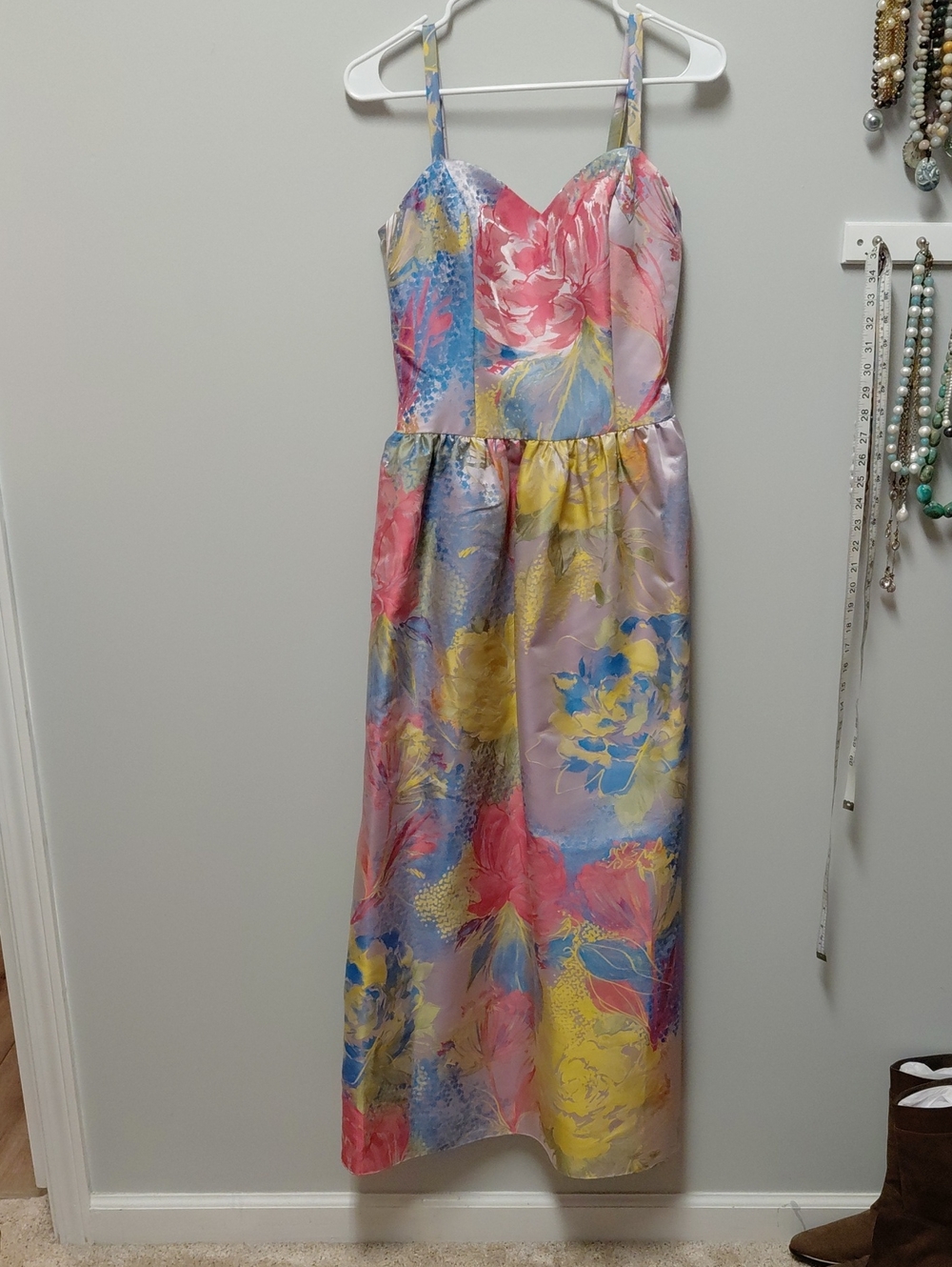 Aidan Mattox  Floral Satin Maxi Dress in Pink, Yellow & Blue